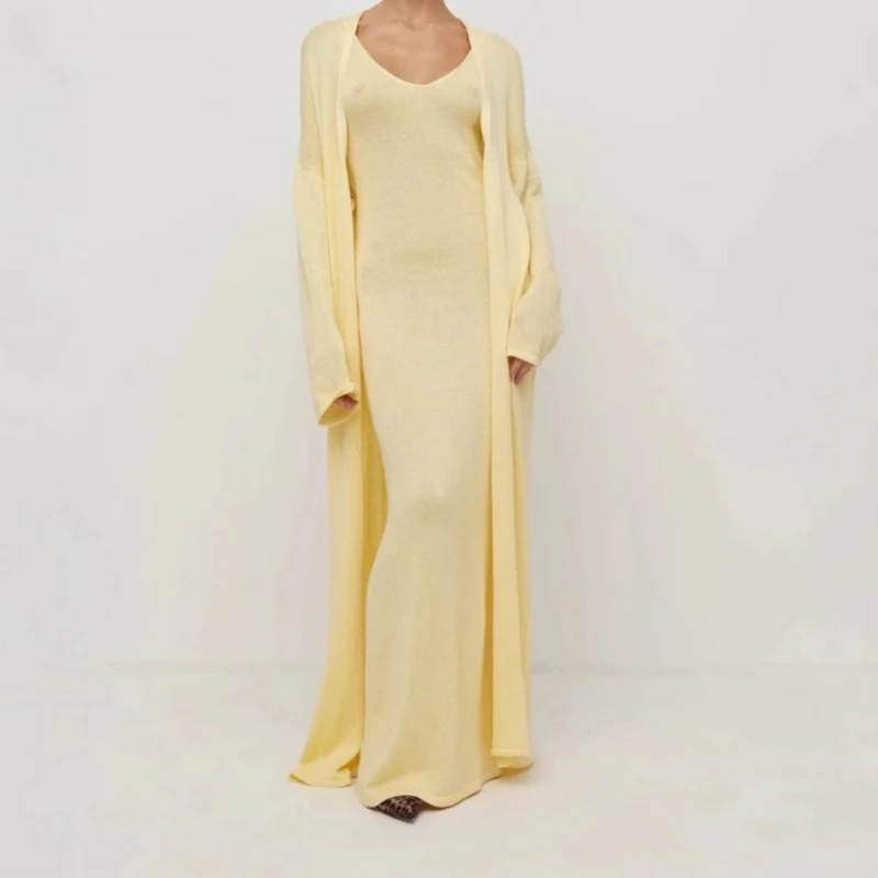 

Strap Long Dress Set for Women's Spring and Summer Style Floor Length Cardigan Solid Color Two-piece Set