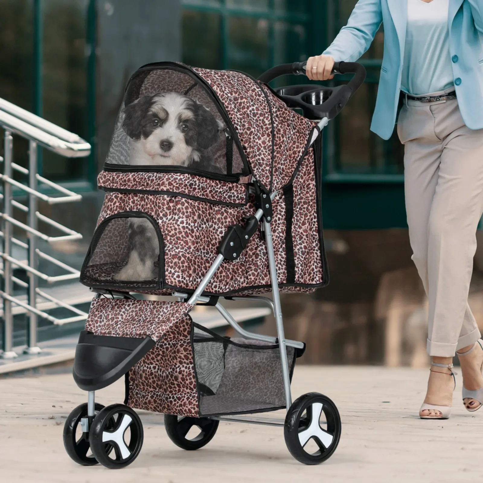 

3 Wheels Foldable Pet Dog Stroller Portable Puppy Travel Carrier Cart&Cup Holder