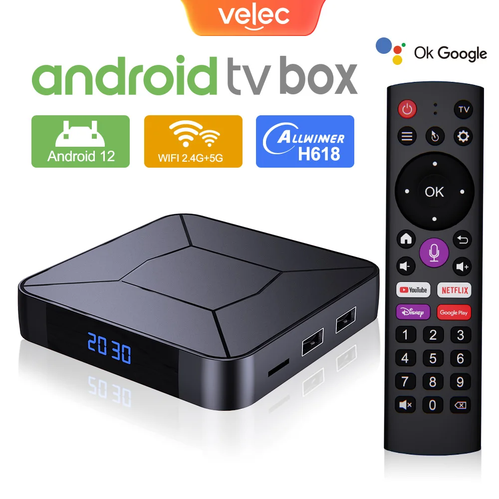 

Velec TV Box Android 12 Allwinner H618 Quad Core BT5.2 Dual WiFi 4K Media Player 16GB 32GB BT Voice Remote Smart Set Top Box