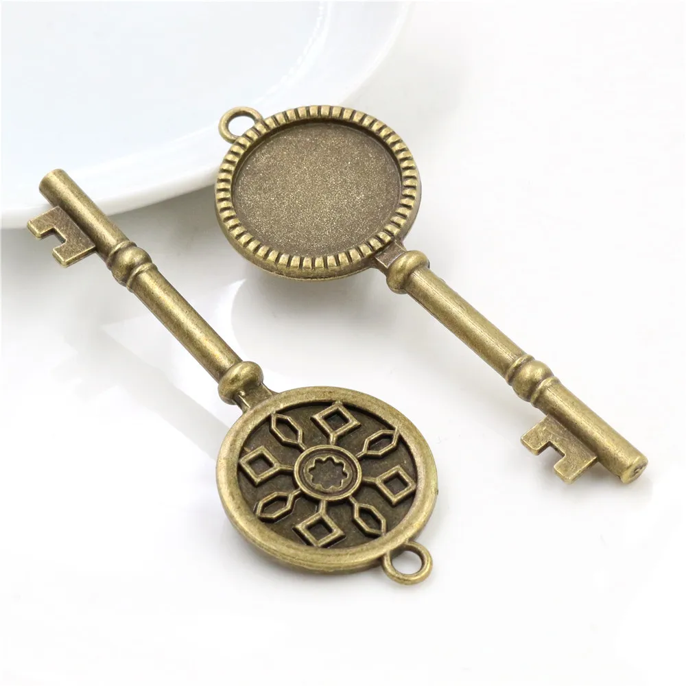 5pcs 20mm Inner Size Antique Silver Plated Bronze Black Key Style Cabochon Base Setting Charms Pendant