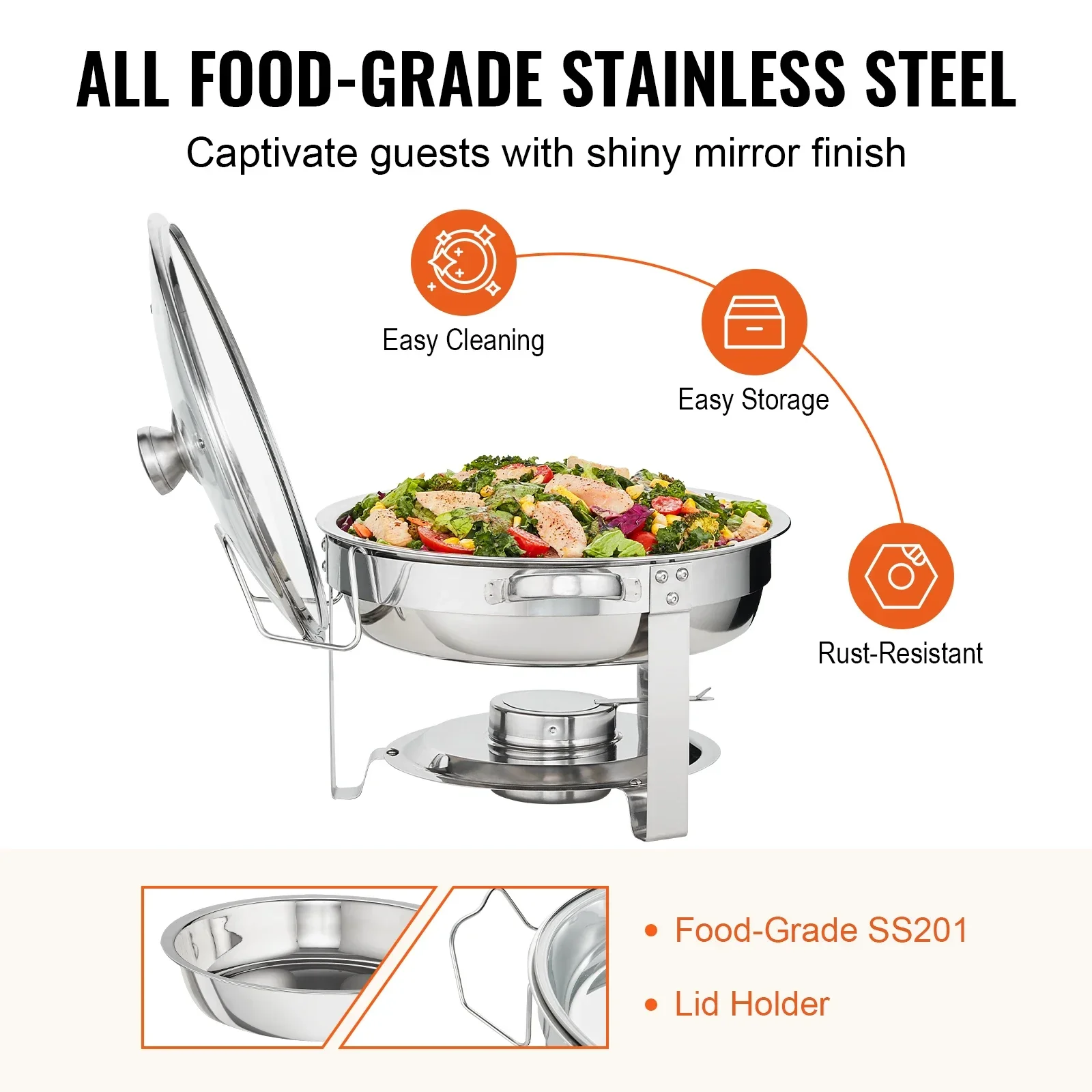 VEVOR 6QT 2/4Pack Round Chafing Dish Set Stainless Steel Buffet Chafer with Full Size Pan Glass Lid  Fuel Holder Catering Warmer