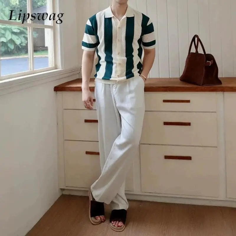 Old Money Style Lapel Knitted T-shirts Mens Fashionable Striped Contrast Color Short Sleeve Knit Cardigan Summer Shirt Tops