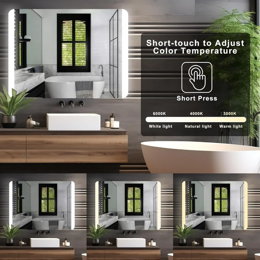 Espelho de vaidade retroiluminado LED retangular sem moldura com cantos arredondados e vidro inquebrável para uso em banheiro