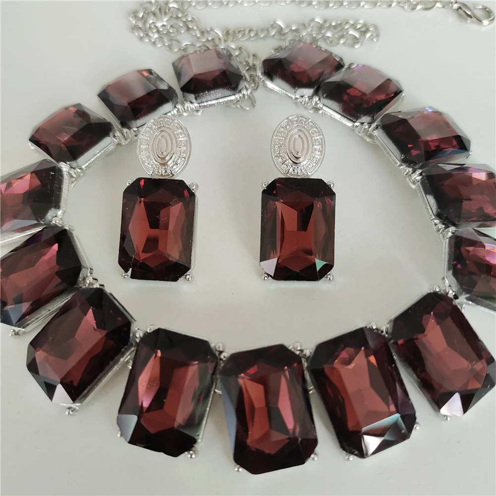 2026 New Fashion Gray Square Glass Crystal Choker Necklace Earrings Women Jewelry Sets Korean Statement Large Collar Necklace