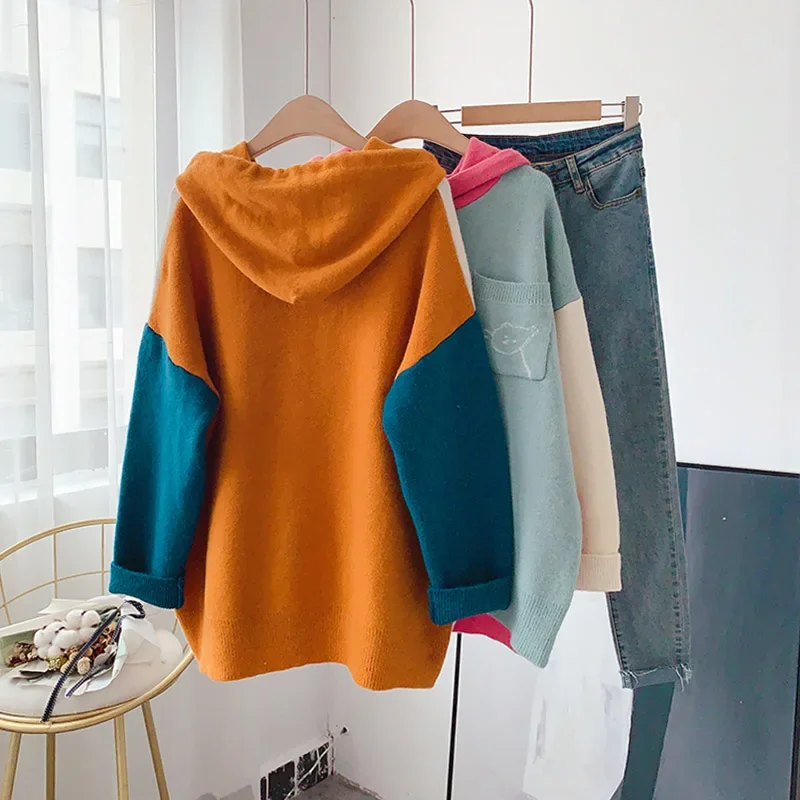 Suéteres con capucha para mujer, ropa de invierno 2024, jerséis de punto de retazos de dibujos animados, jersey con bolsillo, prendas de punto, novedad de 2024