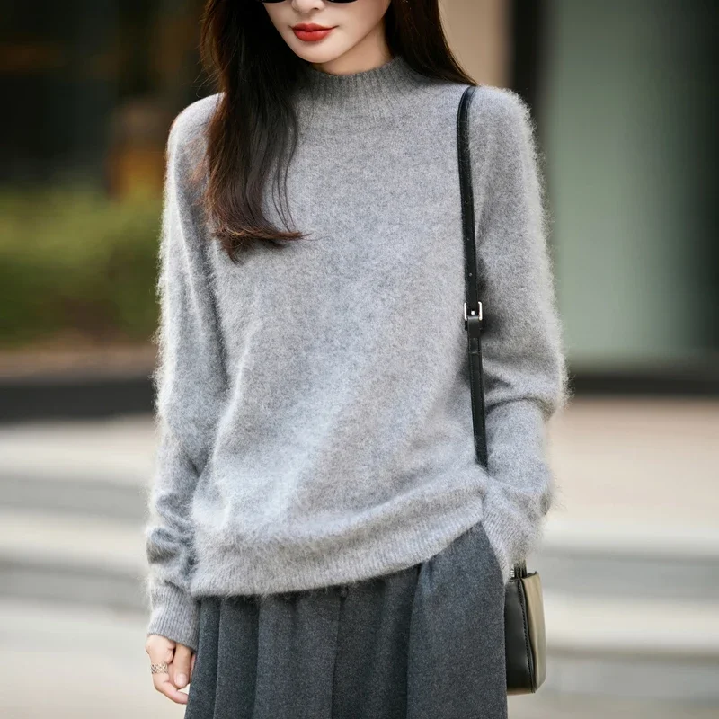 100% Wool Women's Fluffy High Neck Pullover, Loose Knit Winter Sweater Coat, Autumn Warm Top