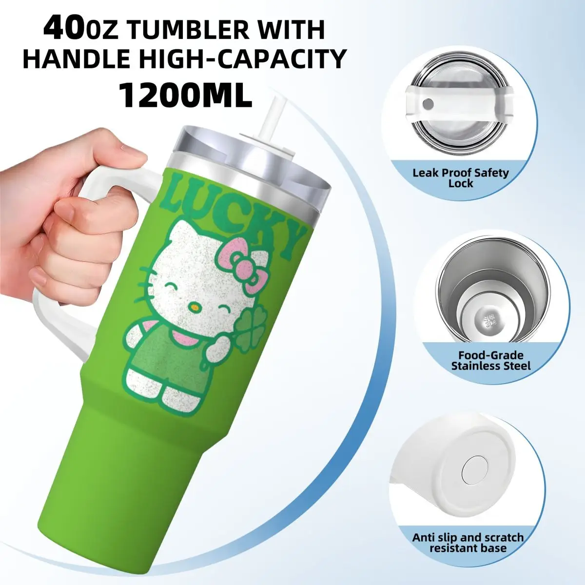 Hello Kitty Lucky Clover Tumbler Hot Drinks Water Bottle Heat Preservation Stainless Steel Thermal Cups Custom Driving Car Mugs