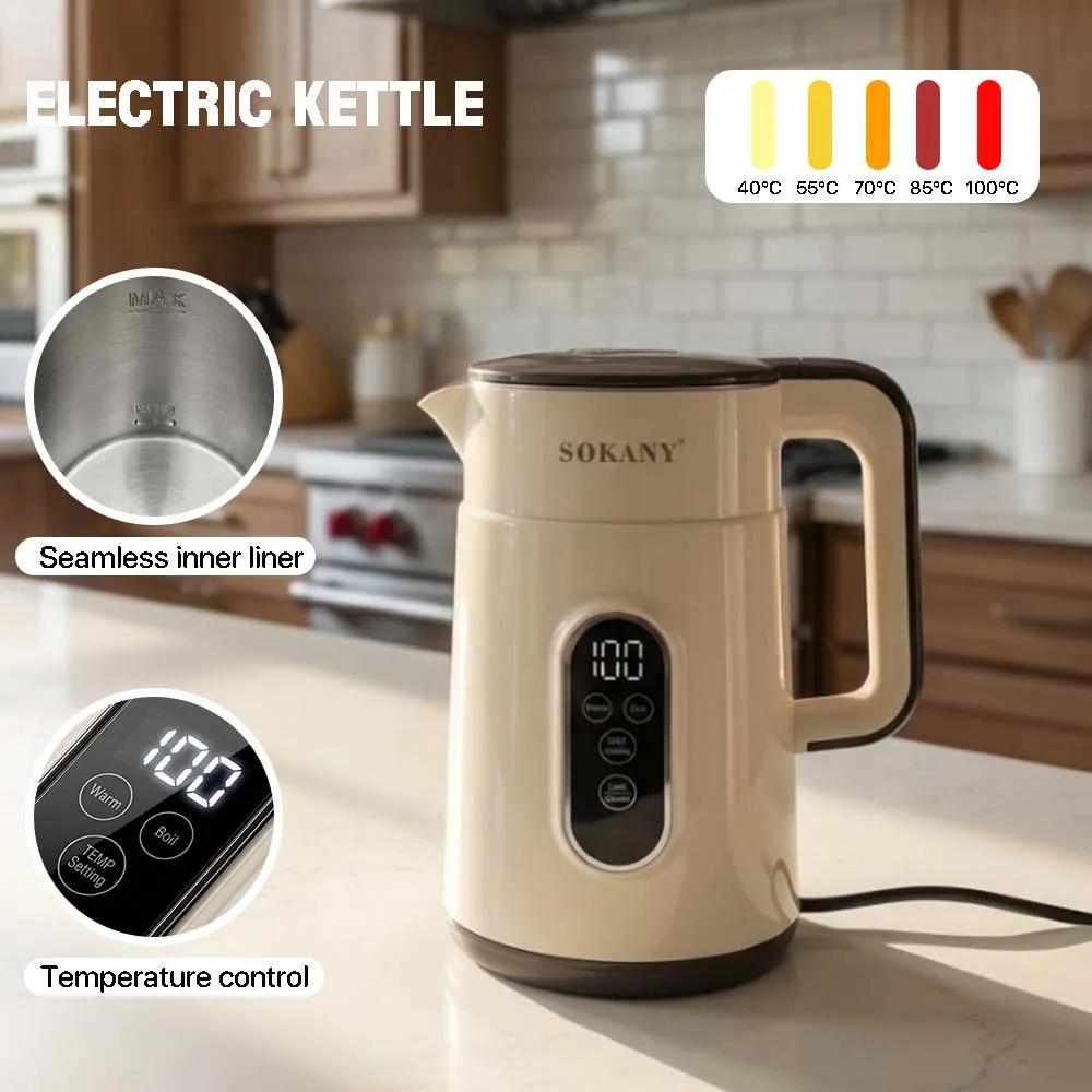 

European standard electric kettle with touch screen display, five-level temperature control, 1.7L capacity, 1500W power