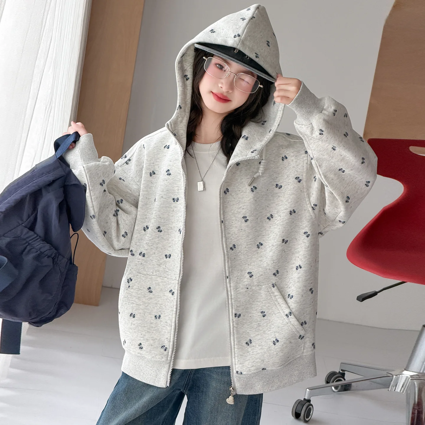 New Autumn Girls Hooded Jacket Teenagers Kids Casual Open Hoodie Girls All Over Print Bow Pattern Sweatshirt Childen Outerwear