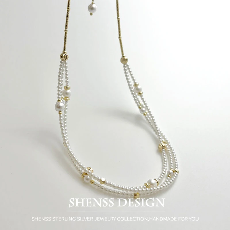 Exquisite Imitation Pearl Necklace Copper Plated 14K Gold Accessories Ultra-Fine Multi-layer 45cm + 10cm