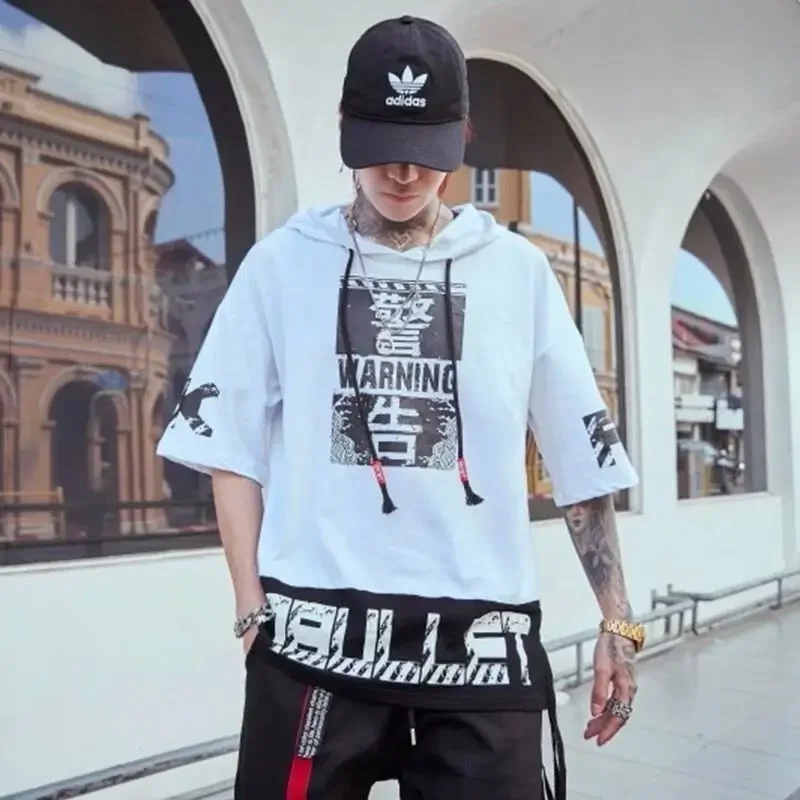 New Men T-shirt Korean Hooded T-shirt Fashion Harajuku Short Sleeve Top Hip Hop T Shirts Mens Summer Print Men Clothing T58