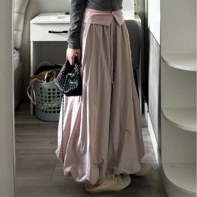 Fashion Solid Color A-line Skirt Women Mid Length Elastic High Waist Versatile Thin Skirts Summer New Clothing Casual Skirt For