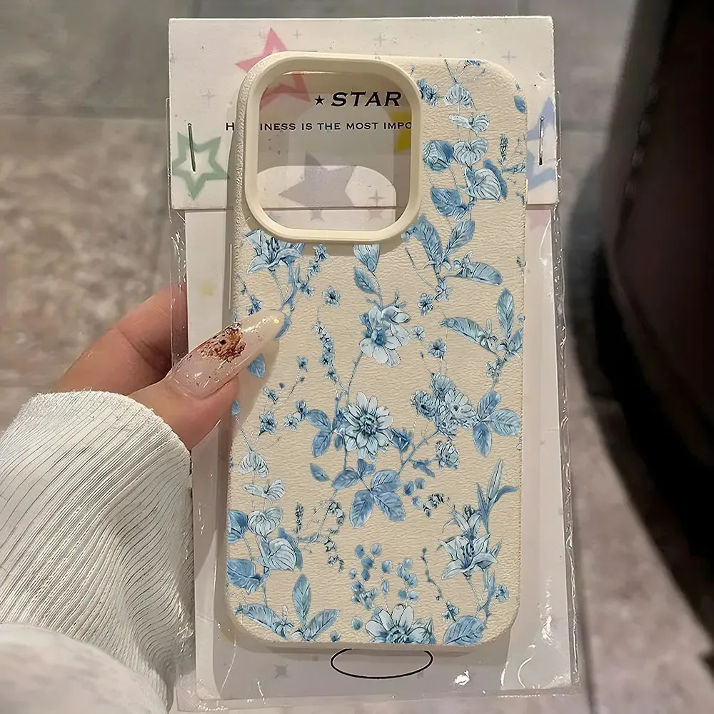 Vintage Blue Wildflower Case For Samsung A05S A06 A07 A15 A16 A17 A34 A35 A53 A54 A55 S23 S24 FE S25 S26 Ultra A26 A36 A56 Case