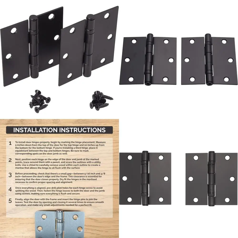 مفصلات محمل كروي زاوية مربعة شديدة التحمل مقاس 3.5 بوصة مع دبوس قابل للإزالة - مفصلات أبواب فولاذية سوداء، 20 عبوة