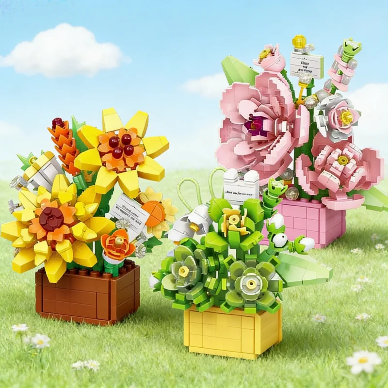 

Набор строительных блоков 3-в-1 для создания искусственных цветочных букетов - Креативный набор для сборки имитации цветочного горшка из строительных блоков, подходит для взрослых.