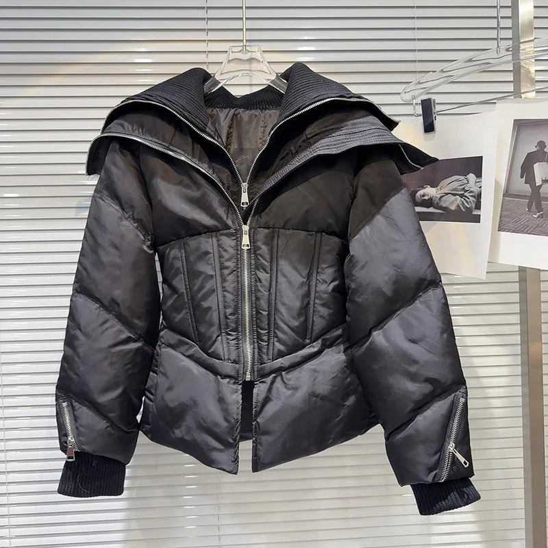 Women White Duck Down Jacket Winter New Arrival Double Zippers Sailor Collar Fish Bone Slim Waist Design Sense Warm Coat