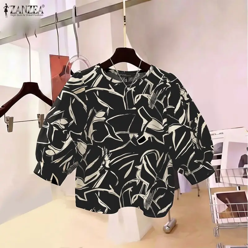 Women Casual All-Over Printing Blouses O-Neck 3/4 Lantern Sleeve Pullover Tops ZANZEA 2026 Summer Everyday Wear Blusas de Mujer