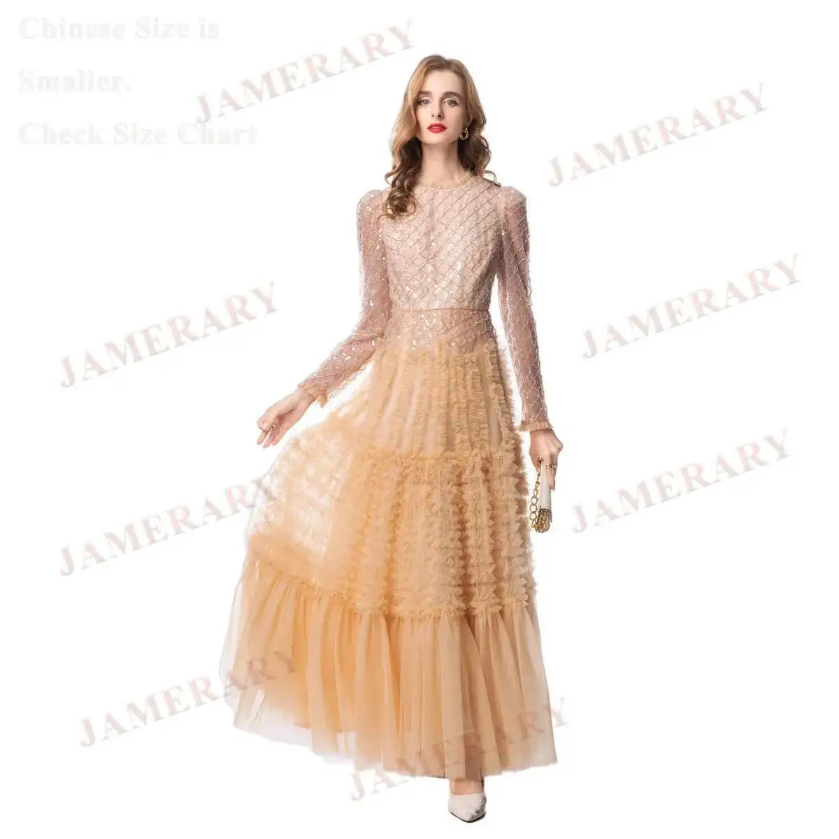 Verão outono manga longa lantejoulas luxo formal vestidos de noite feminino babados festa de aniversário bolo maxi vestido de baile marca