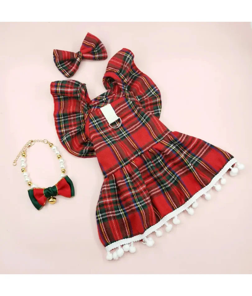

Christmas Dog Dresses Strap Autumn Winter Dog Clothing Skirt Cat Pet Clothing Cosplay Christmas Checker Clothes for Small Dog