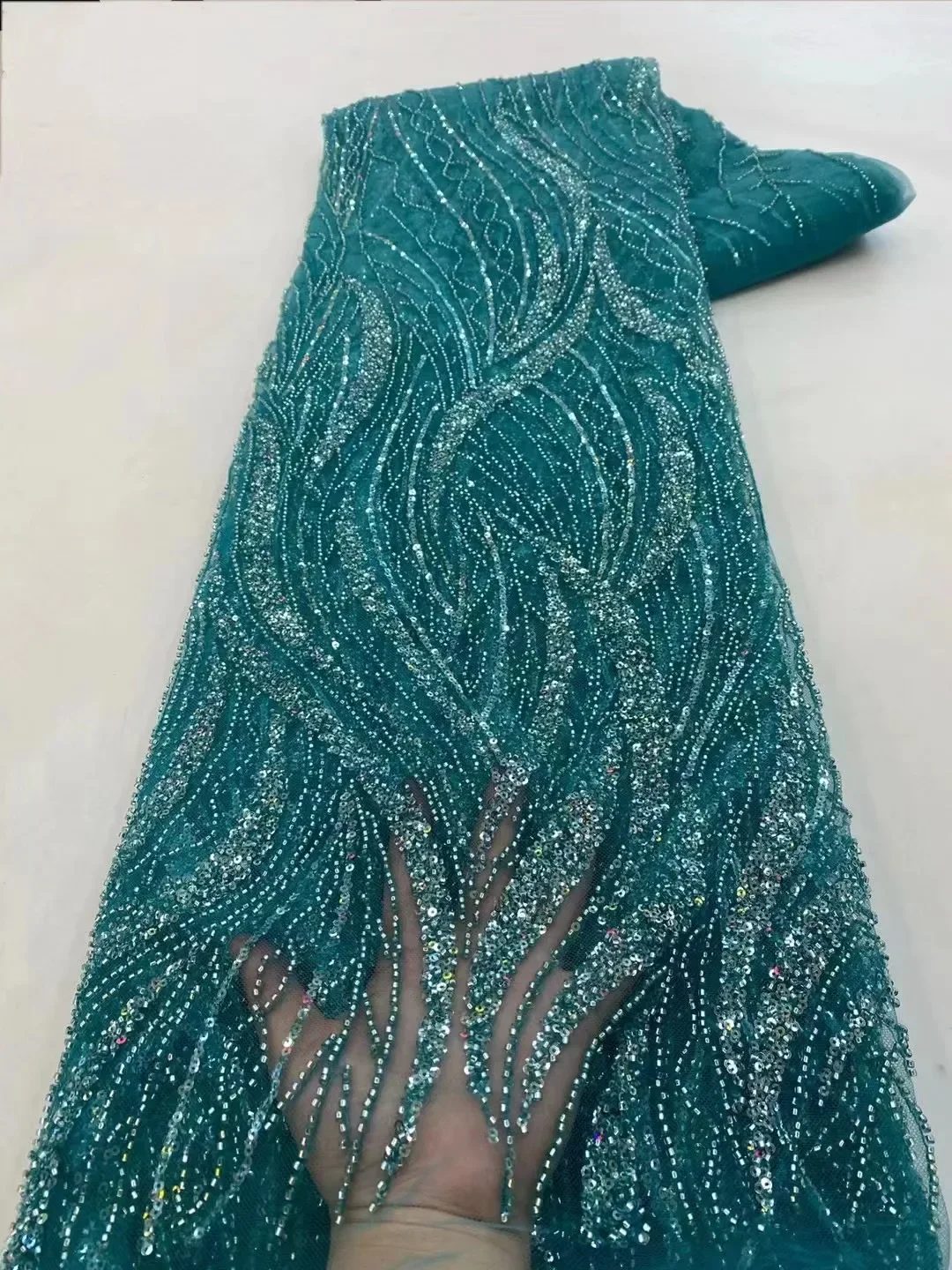 5Yards African Sequins Beaded Lace Fabric Nigerian Groom Embroidery High Quality French Tulle Lace Fabric For Bridal Wedding