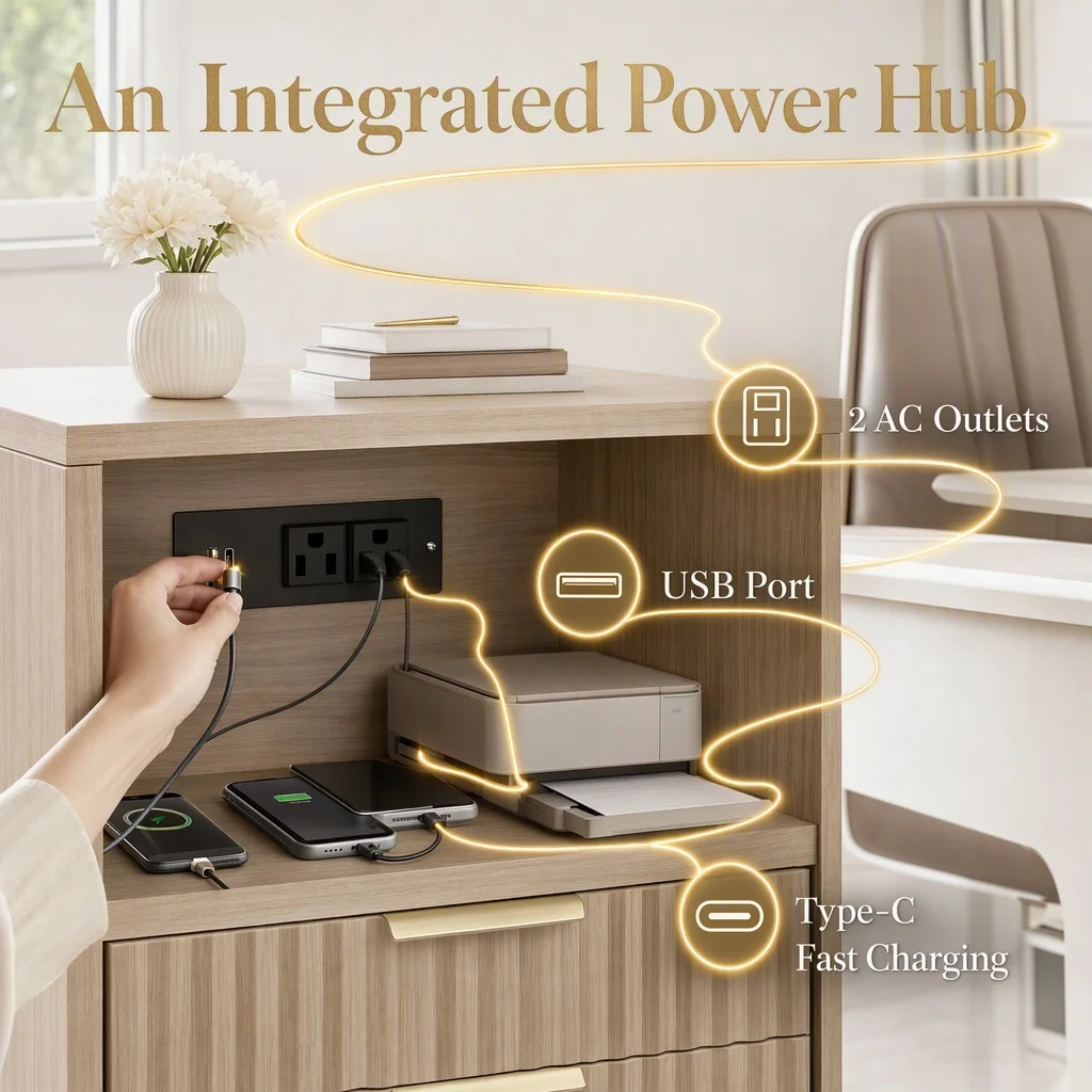 3 Drawer File Cabinet, Fluted Wood Lateral Filing Cabinet with Charging Station for Home Office, Fits for A4/Letter-Sized Files, Printer Stand with Open Storage Shelve