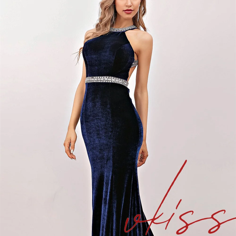 2022 Mermaid Navy Blue Velvet Beadings Crtstals Evening Dresses  Elegant Jewel Neck Open Back Sash Sweep Train Prom Gowns