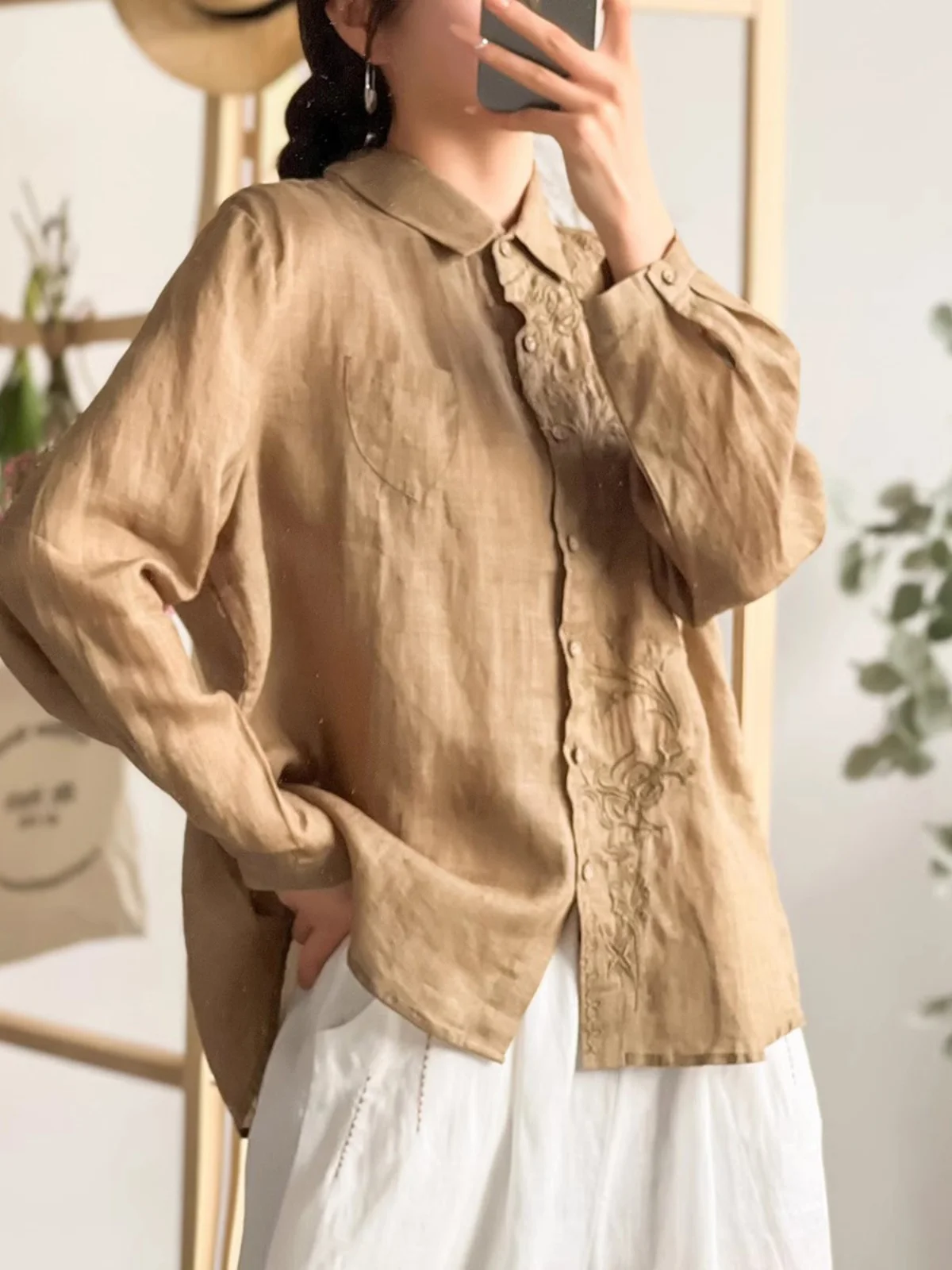 레트로 코튼 린넨 자수 플러스 사이즈 여성용 칼라 롱 슬리브 컬러 캐주얼 셔츠 트렌디 가을 의류