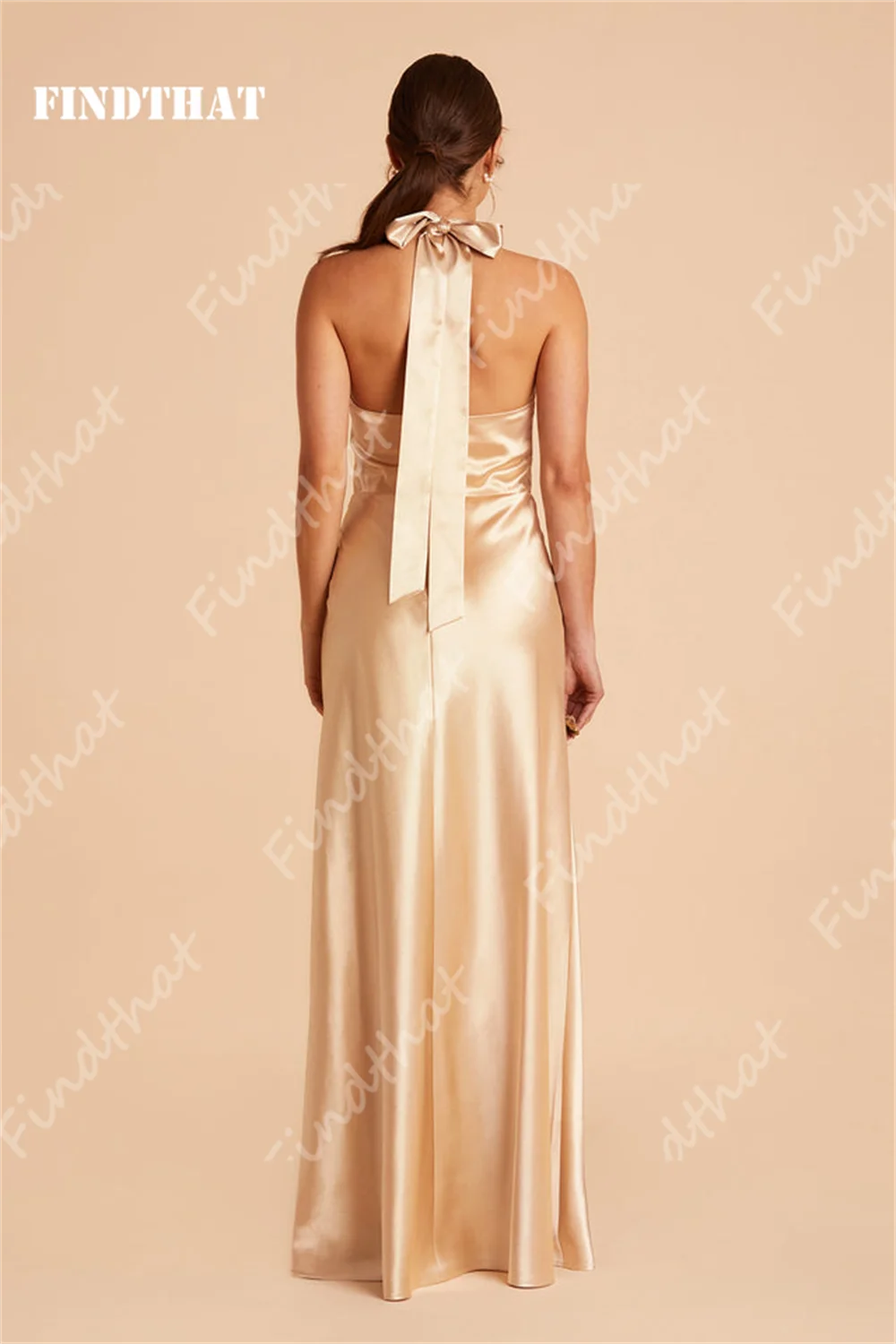 Findque-Simples cetim vestido damas de honra, fenda lateral, sem mangas, Champagne elegante, Evening Party Gown, Wedding Guest Vestidos