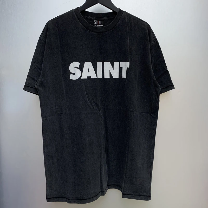 

American SAINT Short-sleeved High Quality Heavy Industry Vintage Washed Black Letter Printing Tops Tees Saint Graphic T Shirts