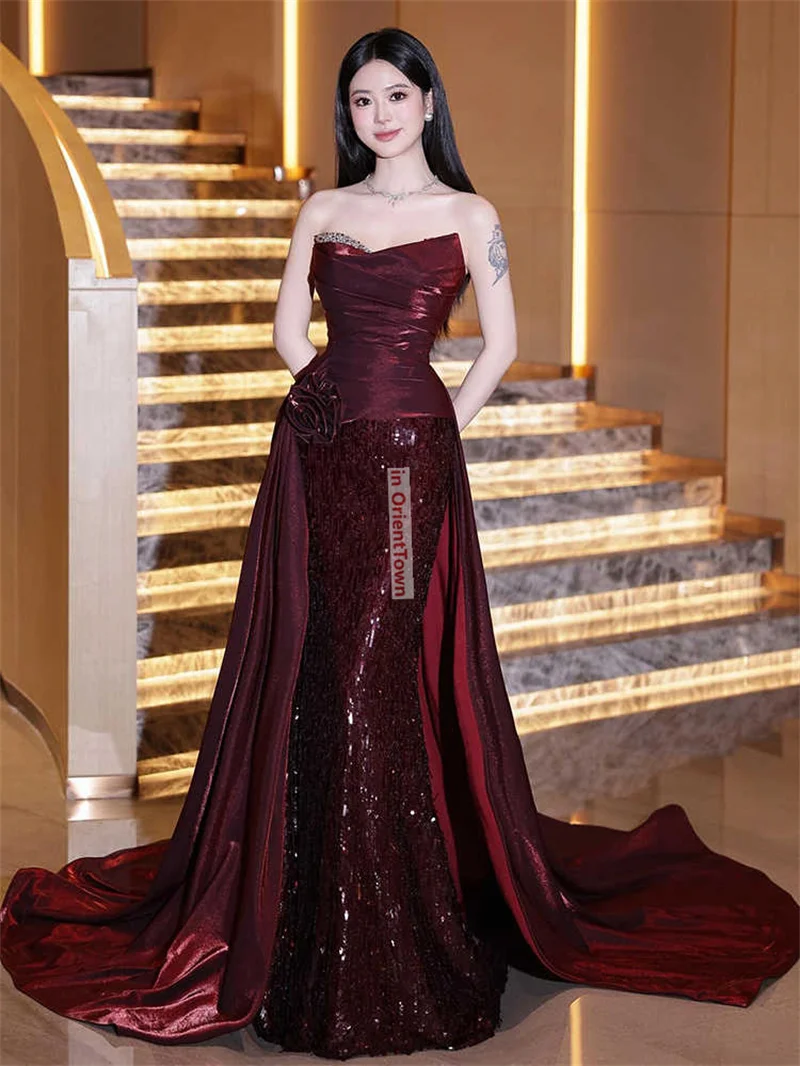 French Bridal Party Toast Claret Dress Luxury Europe Trend Engagement Attire Banquet Strapless Host Wine Red Evening Gown TP066