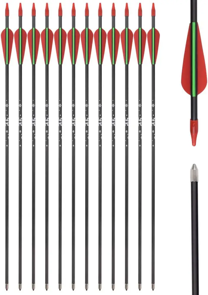 12pcs Recurve Bow Arrows Fiberglass Arrow 24/26/28 Inch Hunting Shooting Practice Target for Beginners Kids Youth Sport Outdoor