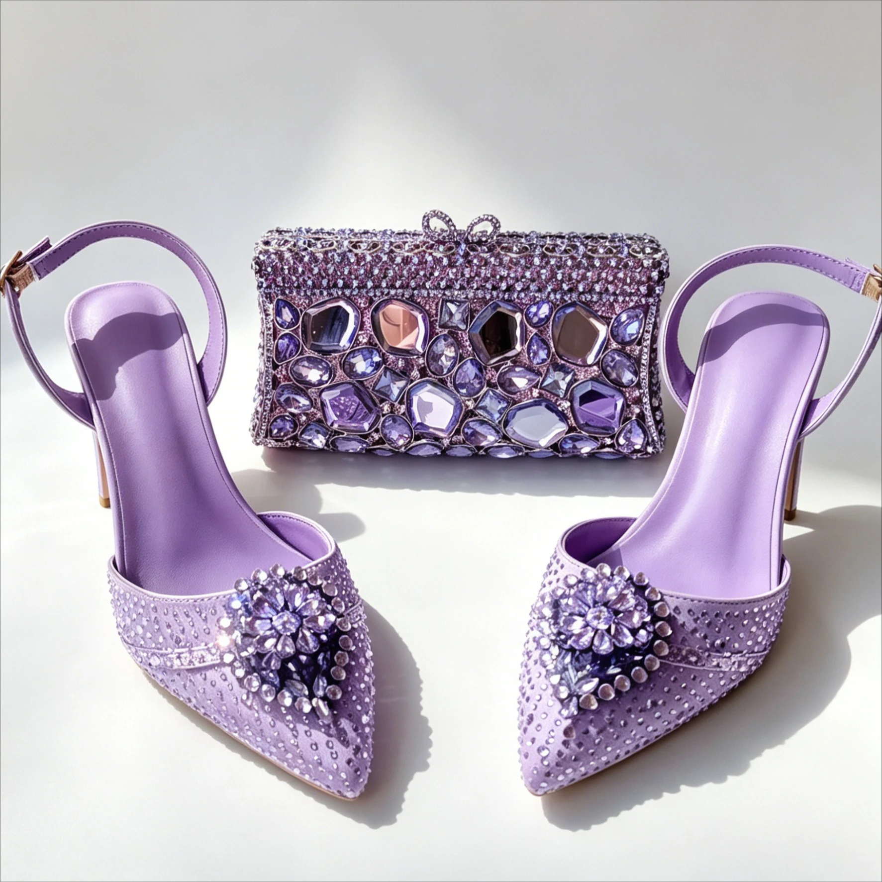 

Full Diamond Pointed Closed Toe Bridal Crystal Heels Runway Shoes Party Evening Banquet Wedding Shoes & Bag Set Tacones De Mujer
