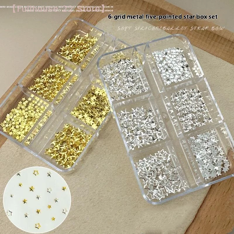 【MAX-22】6 Gitter mit metallischen Gold- und Silber-Nagelkunst-Strasssteinen, Pentagrammen, Nieten-Dekor, Maniküre-Charms, flache Nagel-Accessoires
