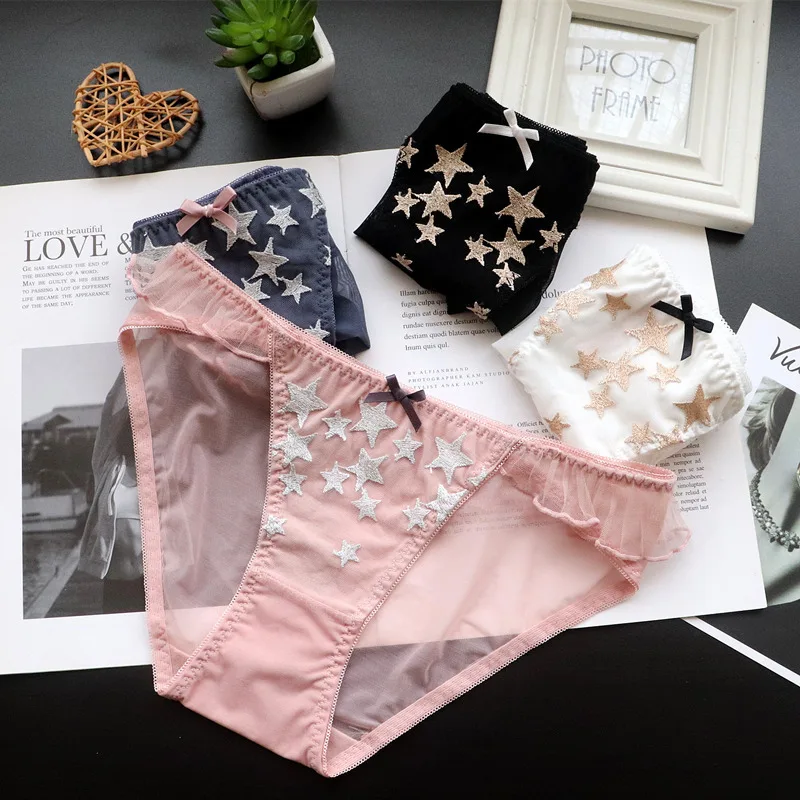 Star Embroidered Lace Mesh Sexy Ladies Low Waist Panties Breathable Briefs Fashion Perspective Bow New Style Women Underwear