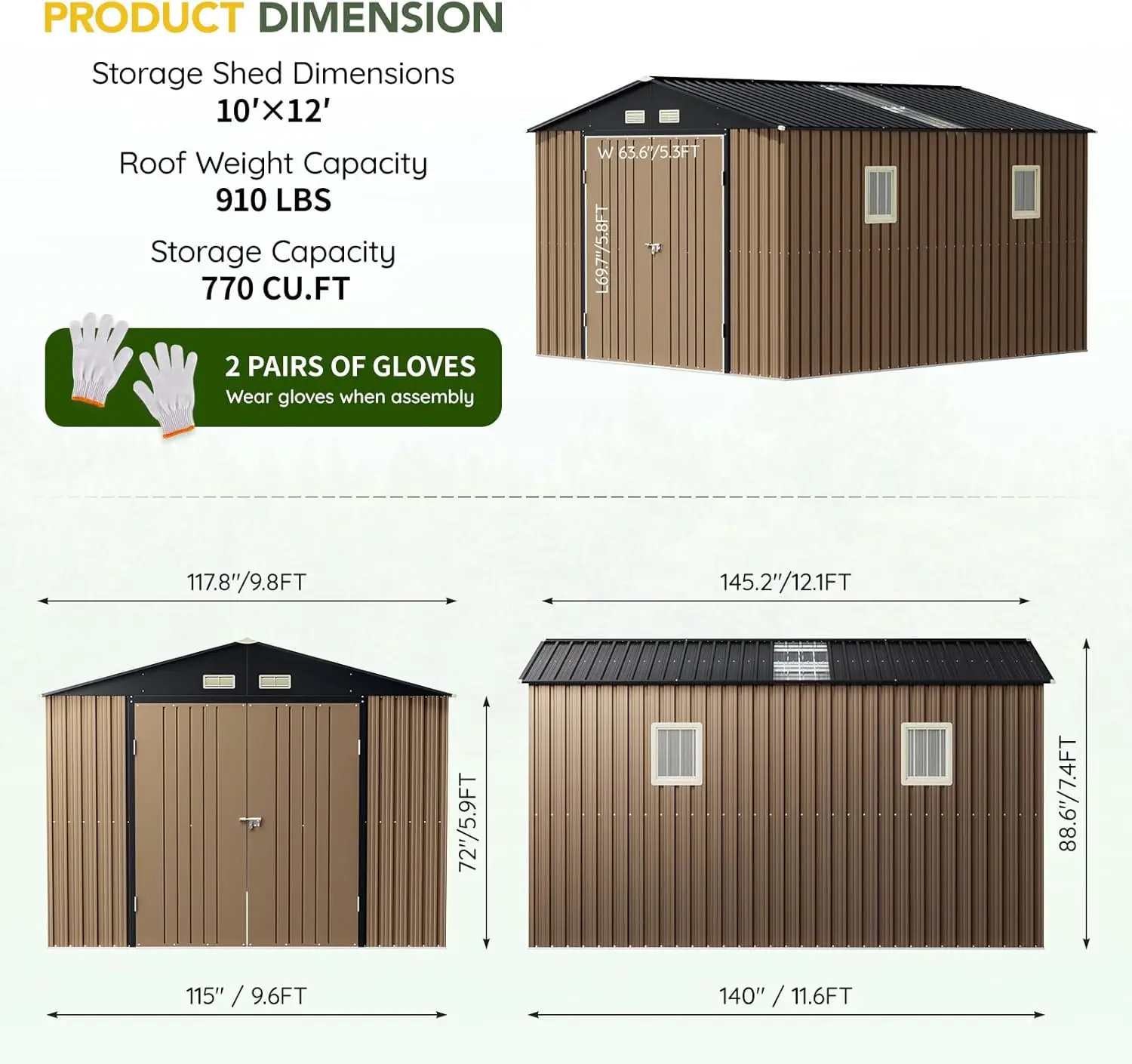 Outdoor Storage Shed 10 X 12ft. Utility Tool Shed Metal Storage Garden Shed with Lockable Doors, Windows & Metal Frame Floor