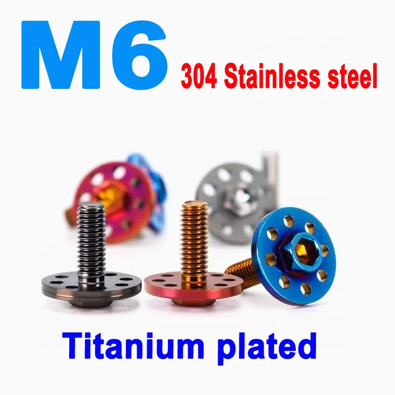 4pcs M6 304 Stainless Steel Hex Slot Flange Screws with Titanium Plated for Motorcycle Bike DIY License Plate Fixing Screws
