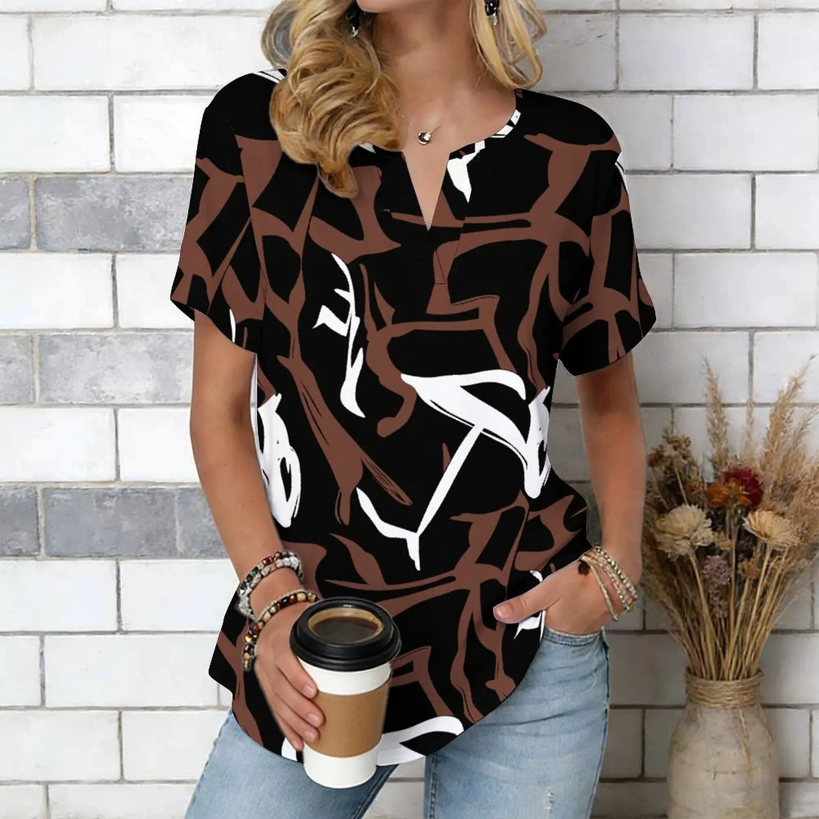 Women Print Notched V Neck Short Sleeve Casual Loose Tunic Tops