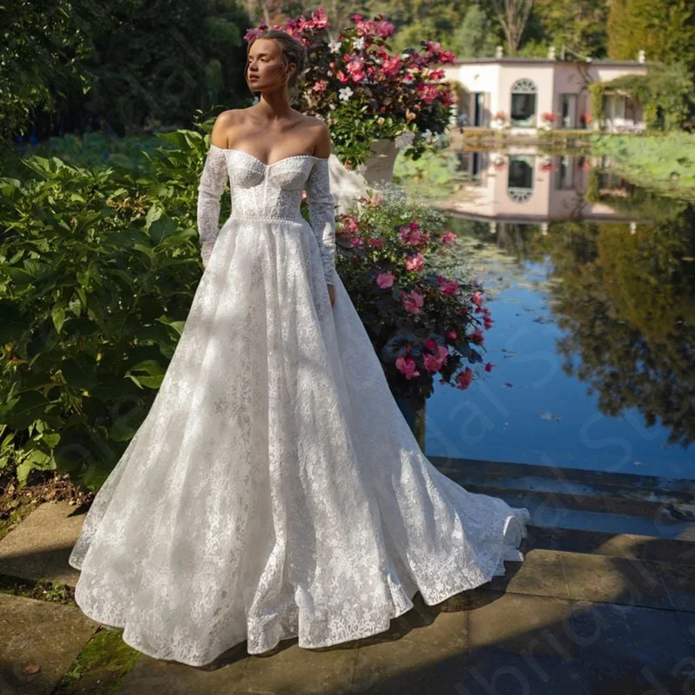 

Elegant and Fresh Lace White Wedding Dress, Off-Shoulder Long Sleeve Bridal Gown with Long Train, Corset Back, Customizable.