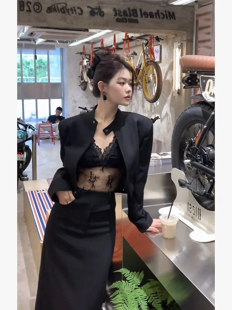 

Syxatn N13 Short Tailored Suit Top with Stand Collar And High Waist Skirt Set for Women Spring Summer Fashion Casual Wear