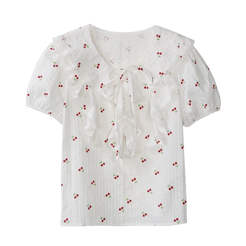 ALXNAN เสื้อเชิ้ตผู้หญิงน่ารักลายเชอร์รี่ผ้าฝ้าย 100% เสื้อเบลาส์ปกปีเตอร์แพนดีไซน์ระบายแขนสั้นเสื้อสตรี L53556