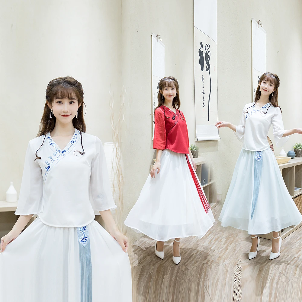 

Retro National Sle Embroidered Cotton Linen Slim Fit Top with Chiffon f Skirt Spring Summer New Arrival Women's Faion