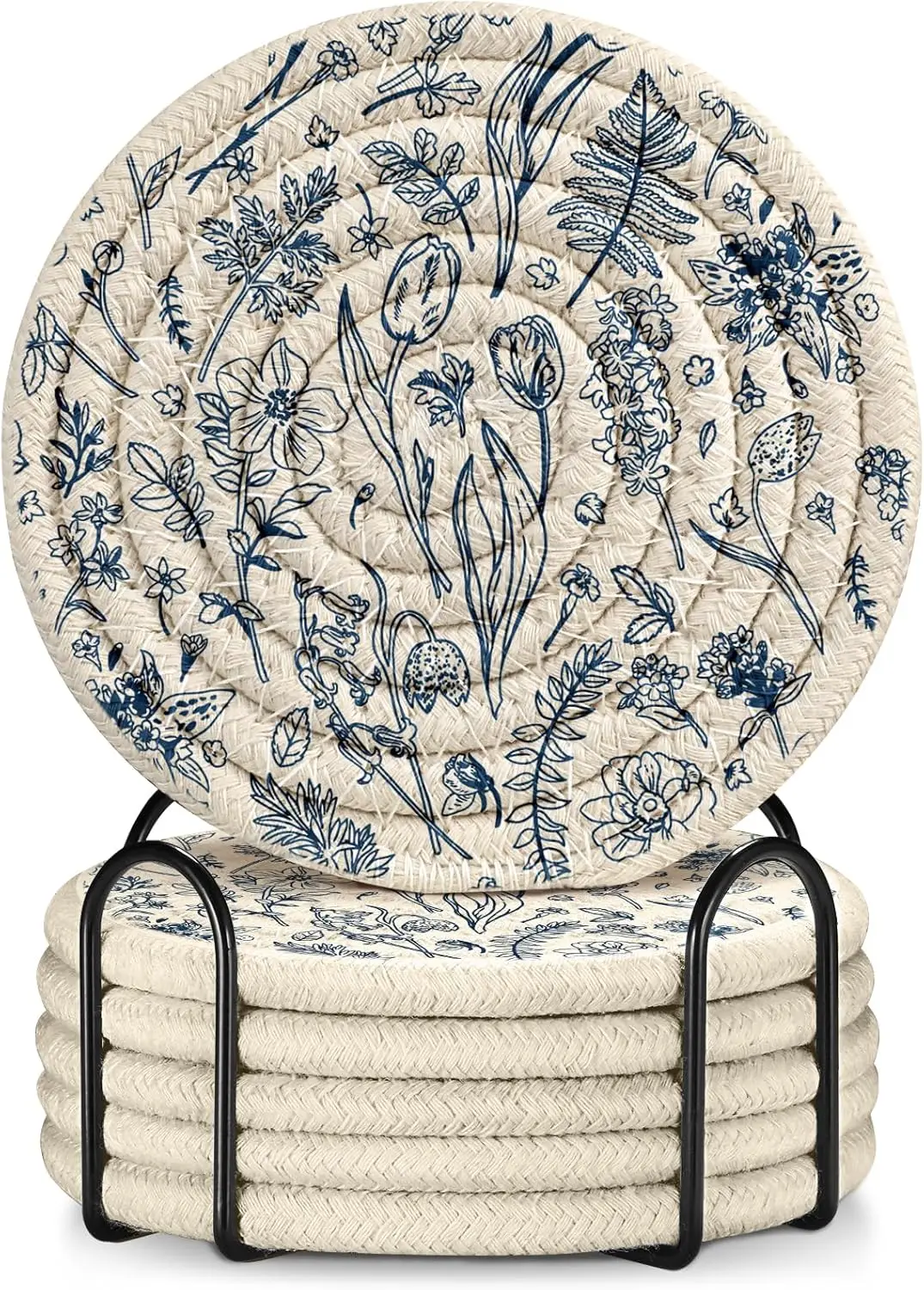 

Set of 6 Absorbent Wooden Coasters with Holder for Drinks, Coffee, Office, and Outdoor Use - Cute Farmhouse Rustic Design