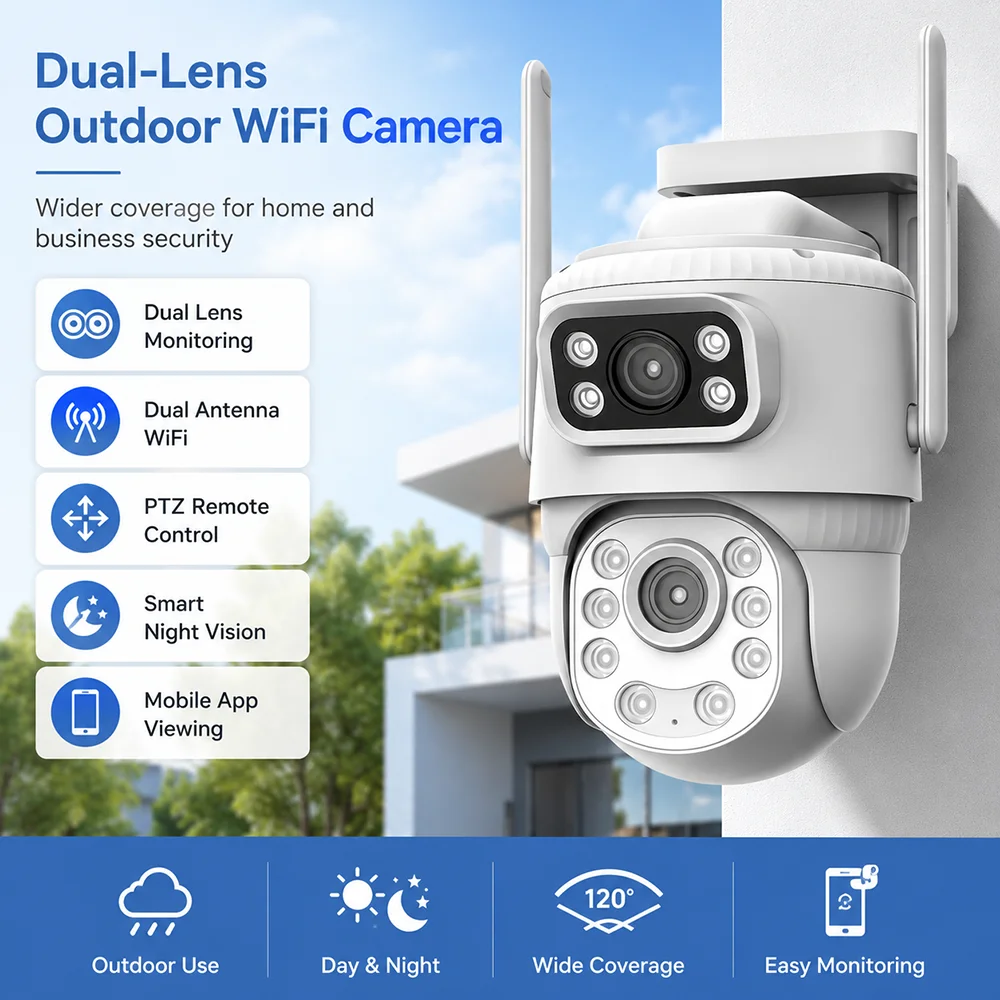 2*2MP Dual Lens Wifi Camera PTZ Outdoor 1080P Wireless Dual Screen Security Camera Auto Tracking Monitoring NVR Easymms Support