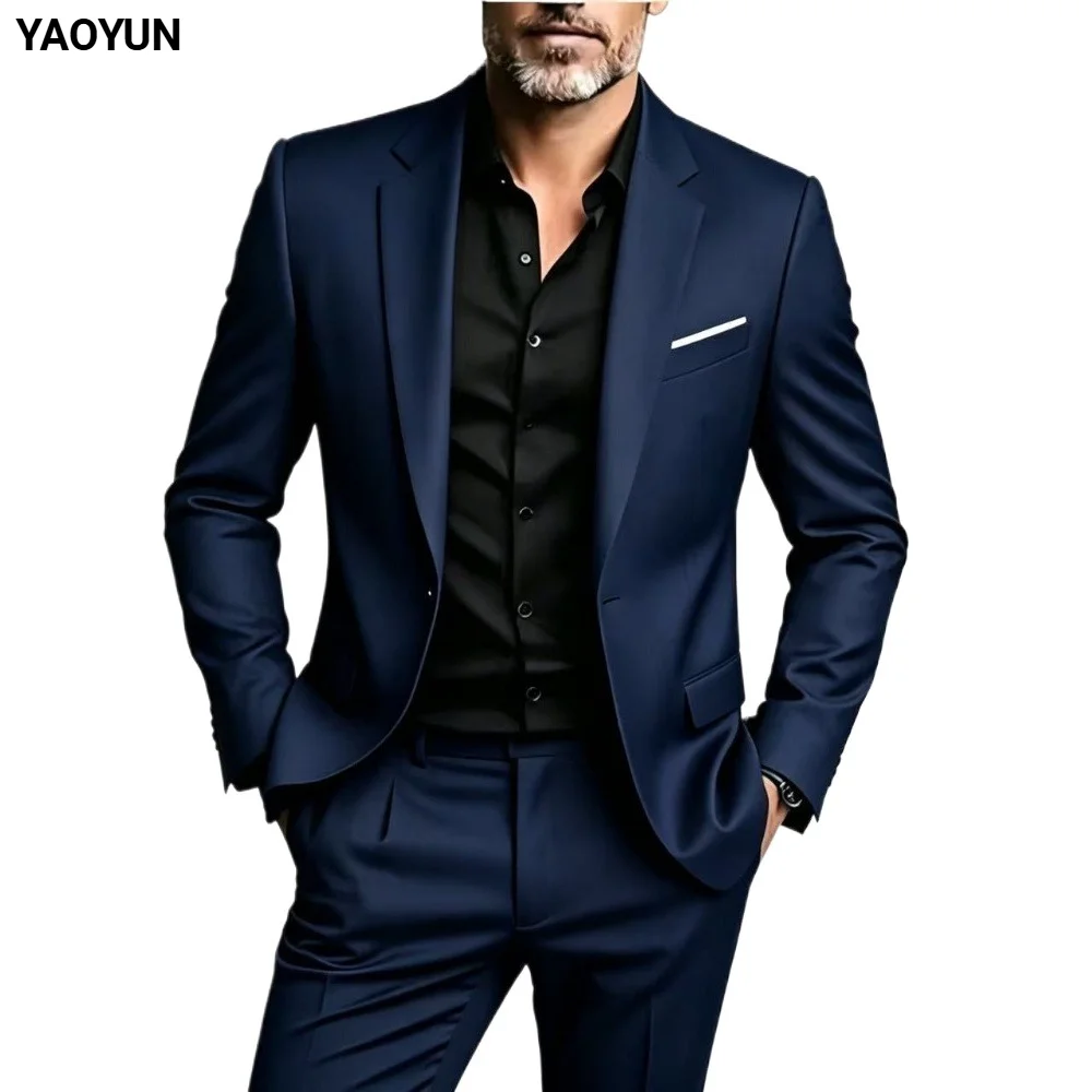 Men's Suit Set Wedding Elegant High Quality Blazer Pants Slim Fit Wrinkle Resistant Business Formal Breathable Durable