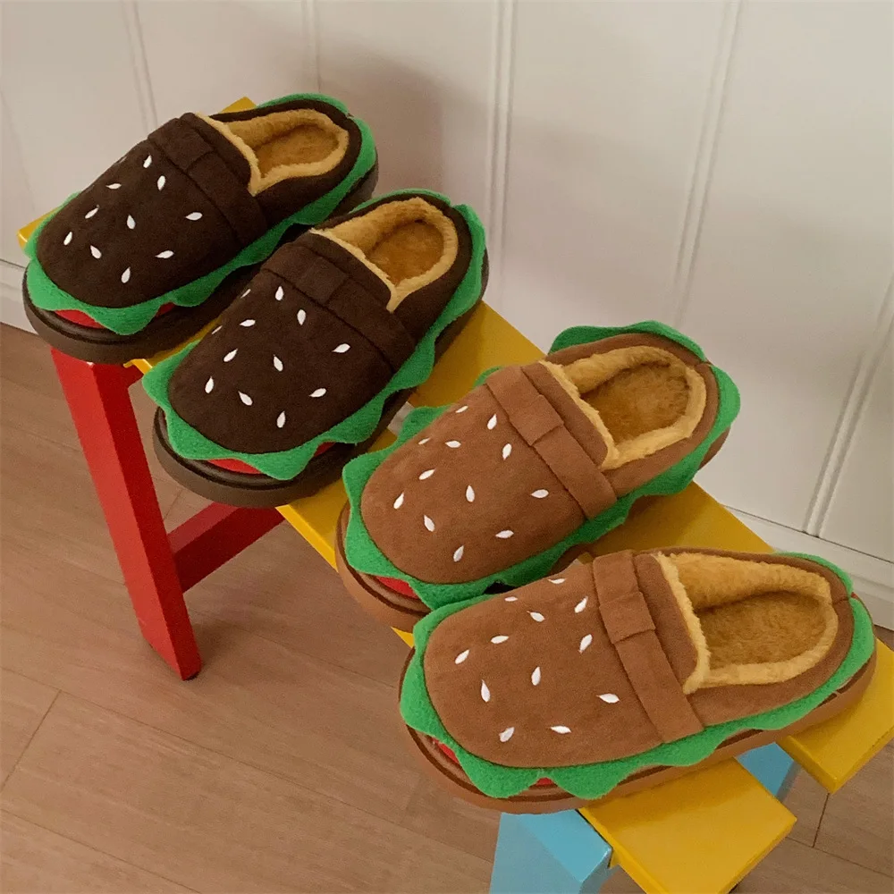 

Women's Home Slippers Winter Warm Fuzzy Hamburger Slippers Funny Cute Indoor Rug Flat-Soled Home Shoes Plush Home Slippers