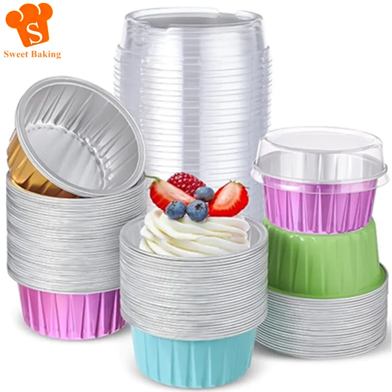 50 Stück Auflauf förmchen mit Deckel, 5 Unzen Aluminium folie Back becher Cupcake Muffin Liner Pudding Dessert becher für Hochzeits geburtstag