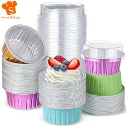 50Pcs Ramekins with Lids, 5oz Aluminum Foil Baking Cups Cupcake Muffin Liners Pudding Dessert Cups for Wedding Birthday