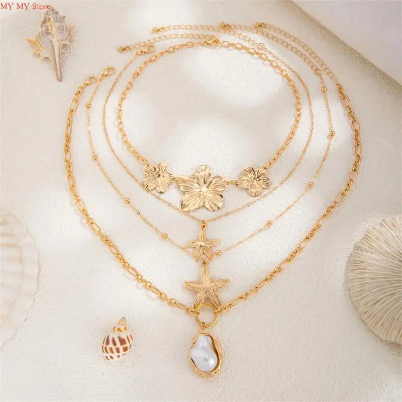 N1he Beach Kalung Set Gold Stackable Stackish Seashells Pearls Clavicle Chain Jewelry untuk acara dan acara musim panas
