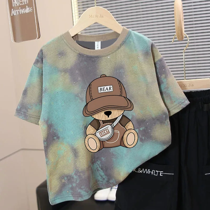 Boys Girls T-shirt 2026 Summer Boys Tie Dye Bear Print Short Sleeve T Shirt Loose Trendy Casual Tops For Older Kids