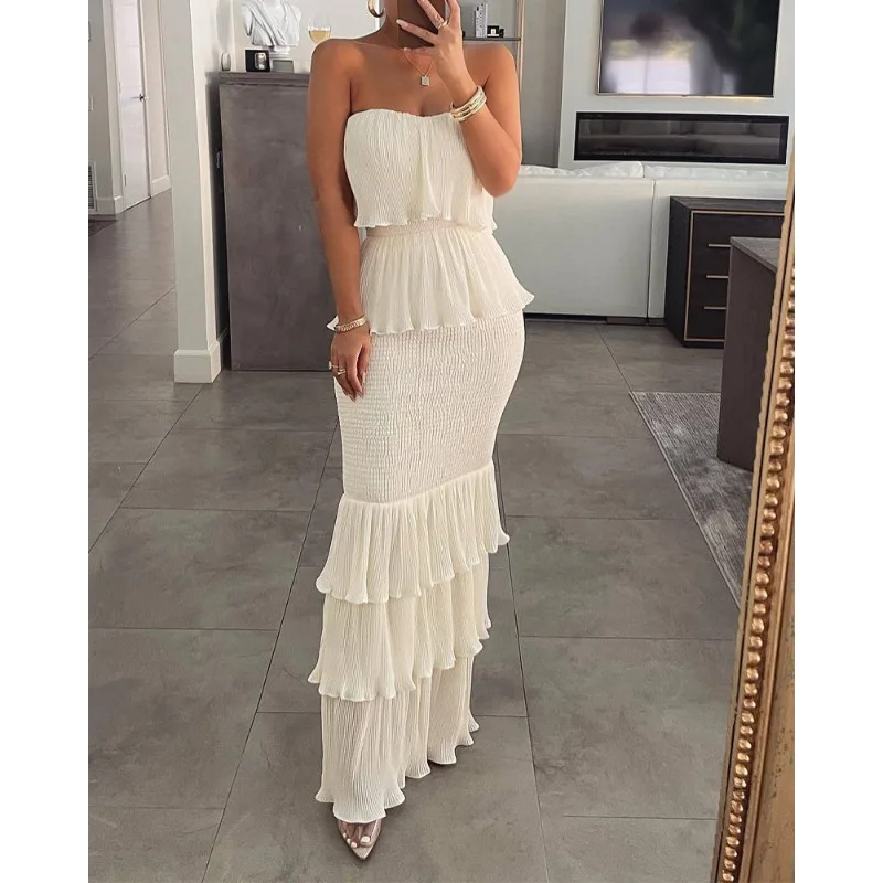 Sexy Women Strapless Bodycon Dress Elegant Fashion Sleeveless Corset High Waist Ruched Ruffle Party Evening Gala Dress Robe